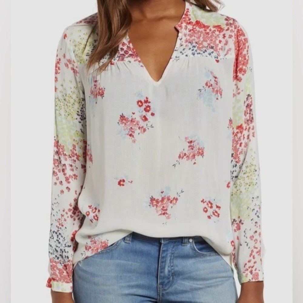 NWT Lucky Brand Floral Boho Lightweight V Neck Long Sleeve Blouse Small Colorful